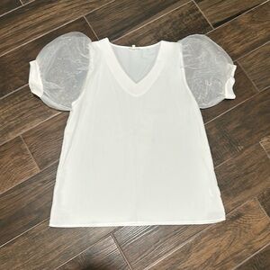 Never worn cute white top with mesh bubble sleeves